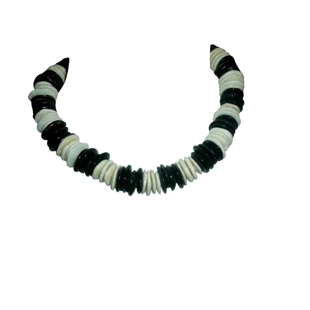 Vtg Artisan Ceramic Disc Bead Necklace‎ Black White Glazed Pottery Boho Choker